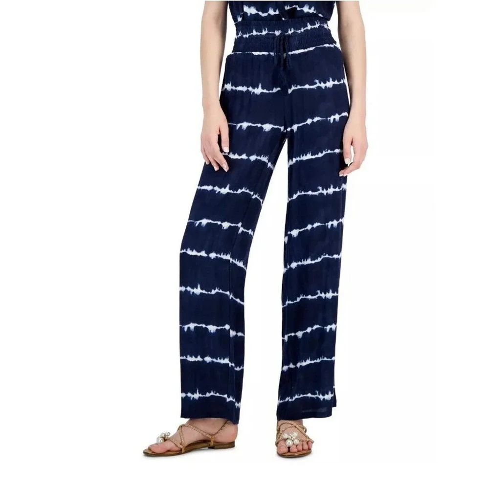 INC‎ International Concepts Fiona Tie Dye Wide Leg Pants Navy Blue L Large NWT